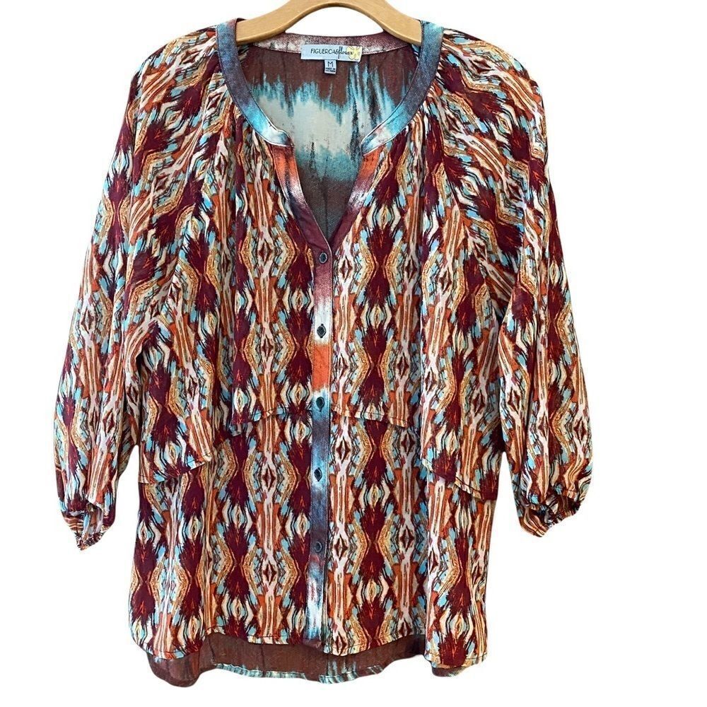 Figueroa & Flower M Turquoise Orange Aztec Ornate Design BOHO Flowy Light Blouse